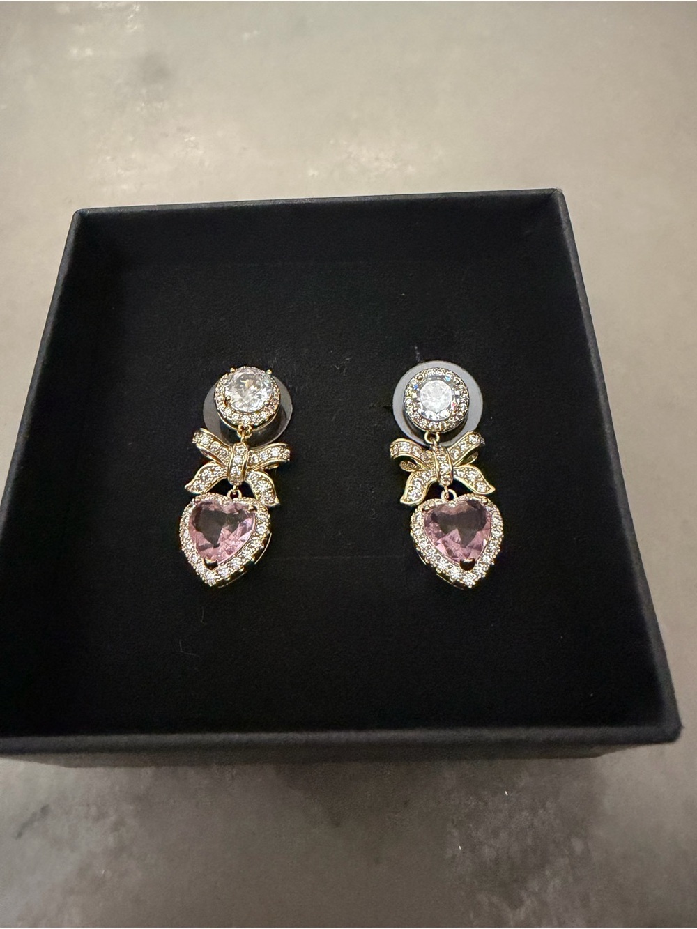 Gold Bow Drop Earrings with Pink Heart Crystal